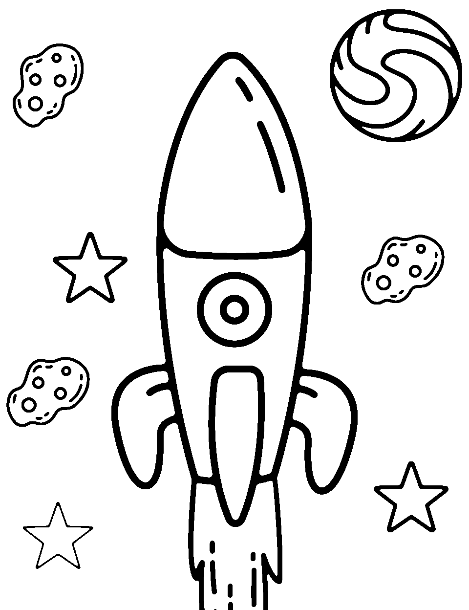 Toddler's First Spaceship Outer Space Coloring Page - A simple spaceship design with bright colors, perfect for a toddler’s imagination.