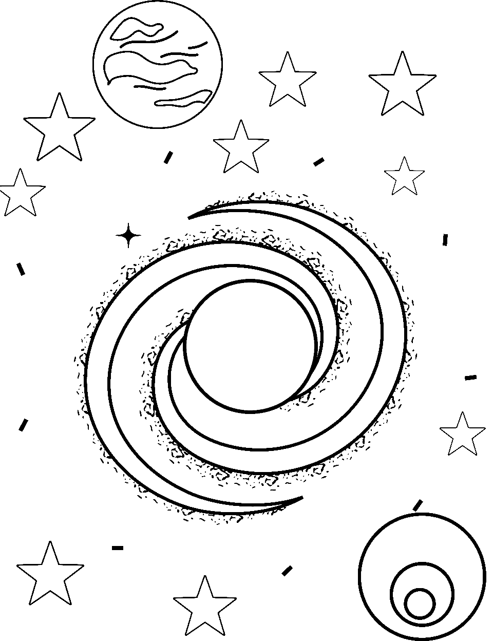Night Sky Wonders Coloring Page - Stars, planets, and the Milky Way beautifully displayed in a coloring sheet.
