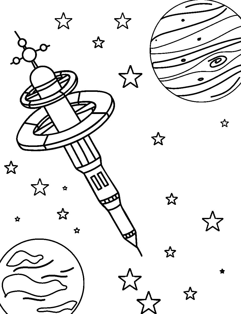 Spacestation's Silent Watch Outer Space Coloring Page - A space station hovering in outer space is watching the planets around it.