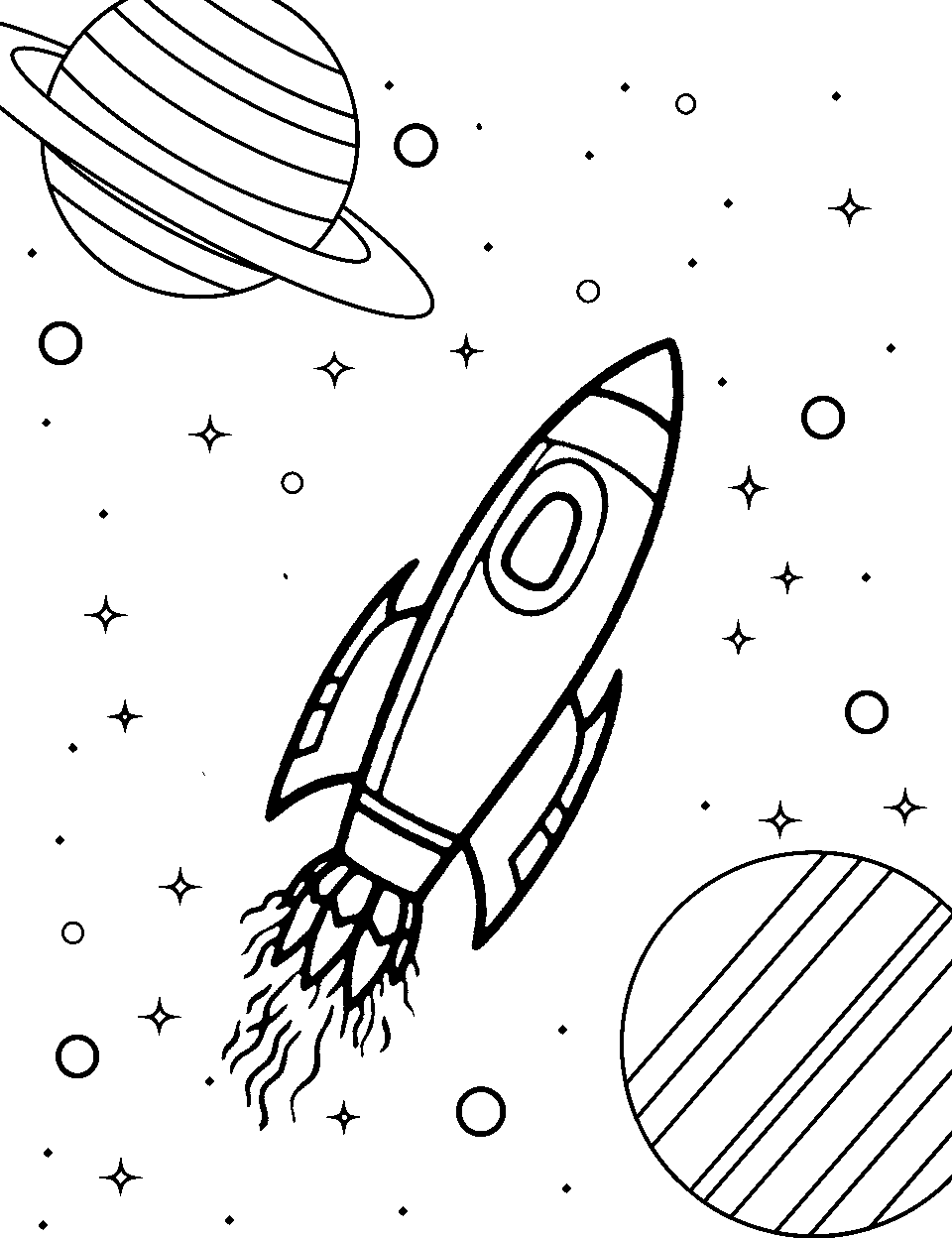 Spaceship's Starry Travel Coloring Page - A spaceship traveling amidst planets and stars.