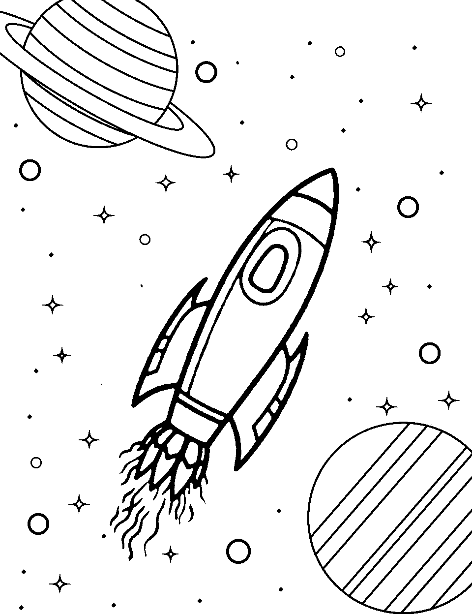 Spaceship's Starry Travel Outer Space Coloring Page - A spaceship is traveling amidst planets and stars.