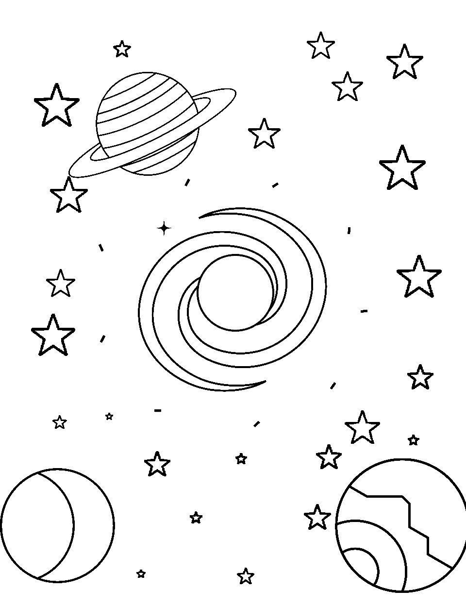Easy-to-Color Universe Coloring Page - Basic shapes representing stars, planets, and galaxies.