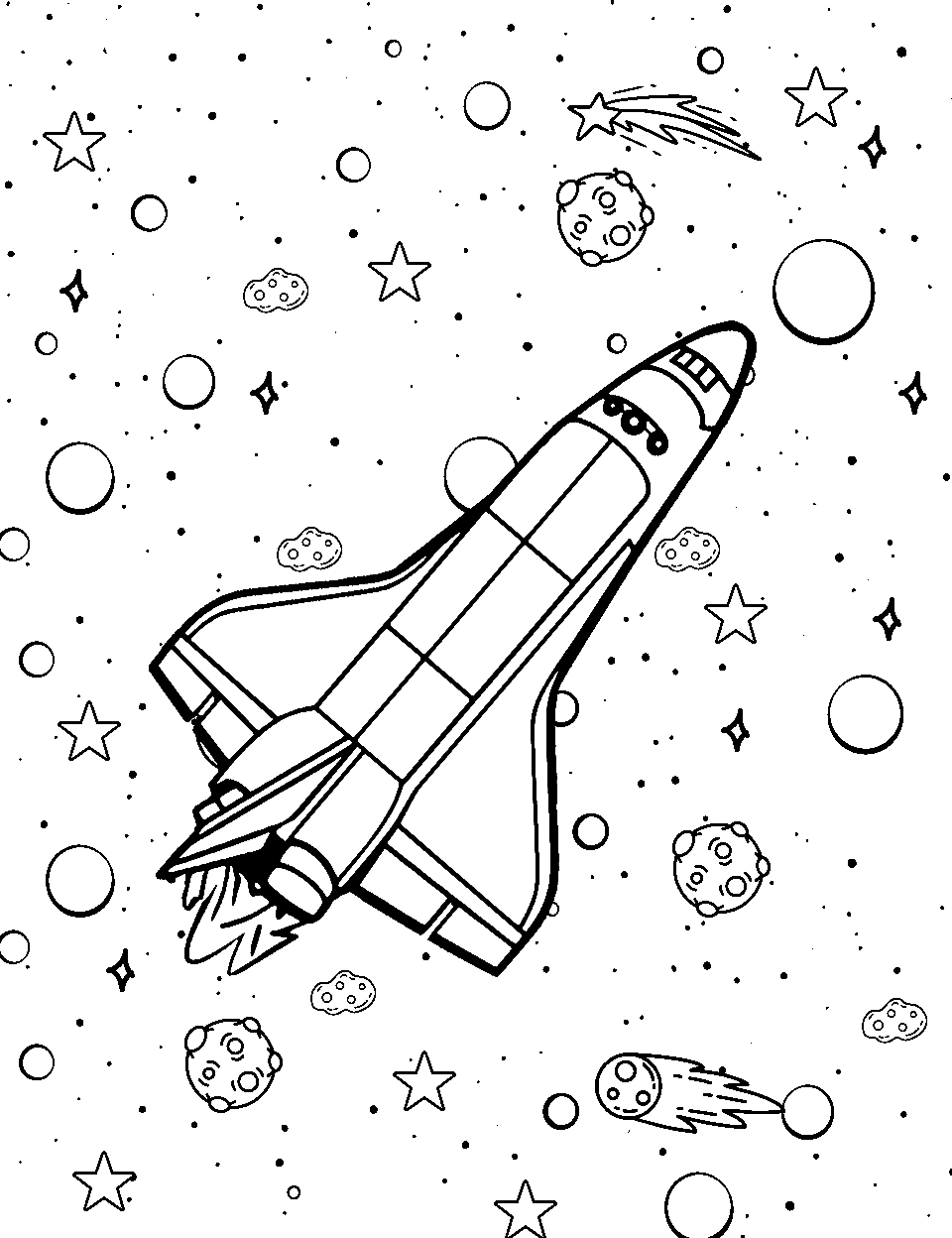 Spaceshuttle's Silent Soar Outer Space Coloring Page - A space shuttle silently gliding through the universe.