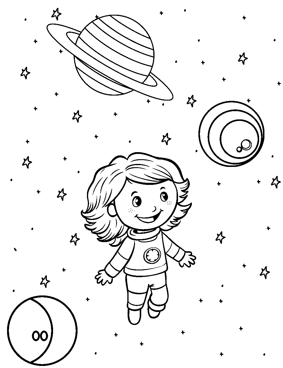 Cosmic Dream Coloring Page - A kid dreaming about a cosmic universe and floating among the stars and planets.