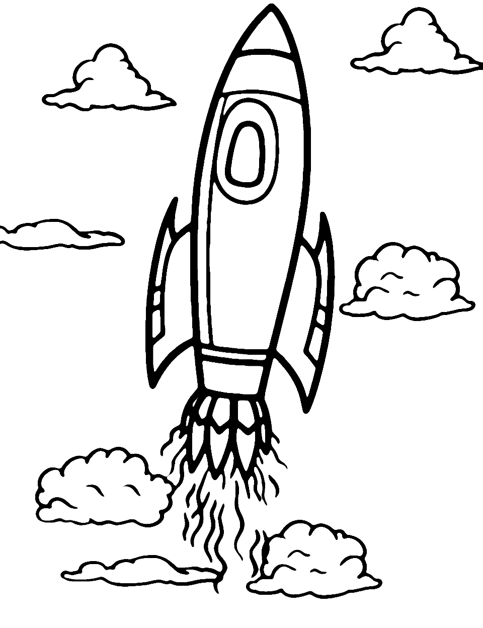 Rocket's Grand Launch Outer Space Coloring Page - A towering rocket blasts off with flames and smoke trailing behind.