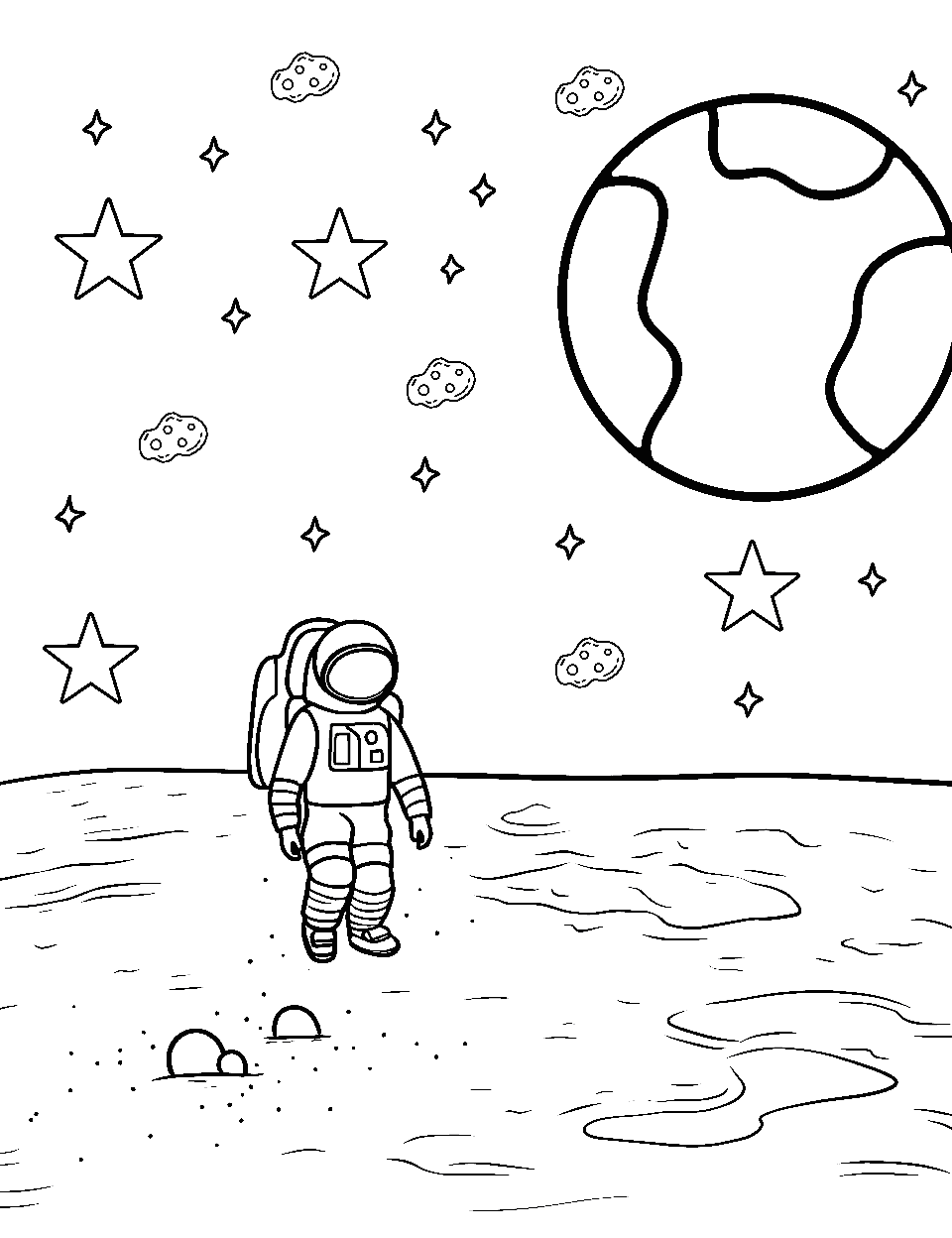 Walking on the Moon Outer Space Coloring Page - An astronaut taking steps on the moon’s surface.