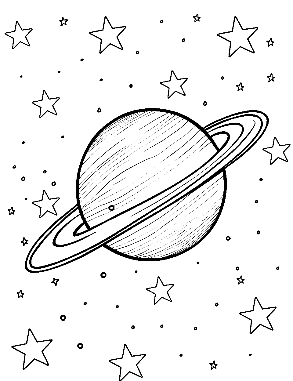 Saturn's Splendid Rings Coloring Page - A close-up of Saturn and its dazzling rings against a starry background.