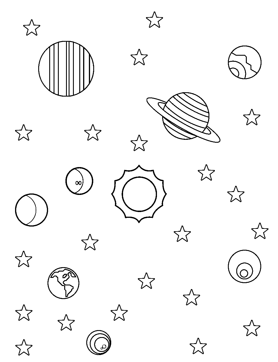 Simple Solar System Coloring Page - Simple drawing of the solar system for easy coloring.