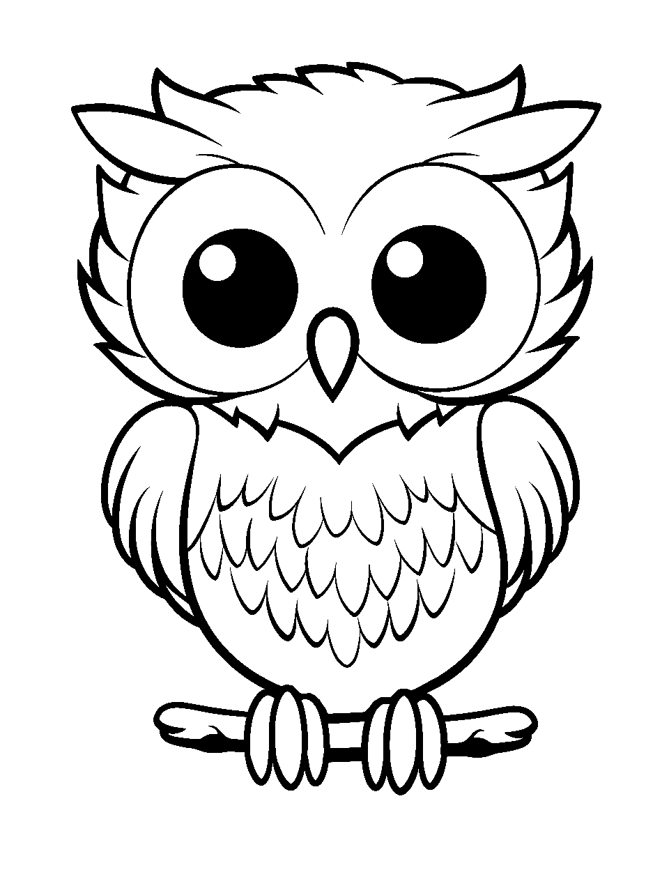 Cute Baby Owl Coloring Page - A fluffy baby owl sitting on a branch with wide, curious eyes.