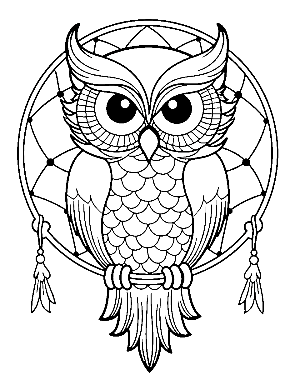Dream Catcher with Owl Coloring Page - An owl perched on a beautifully patterned dream catcher.