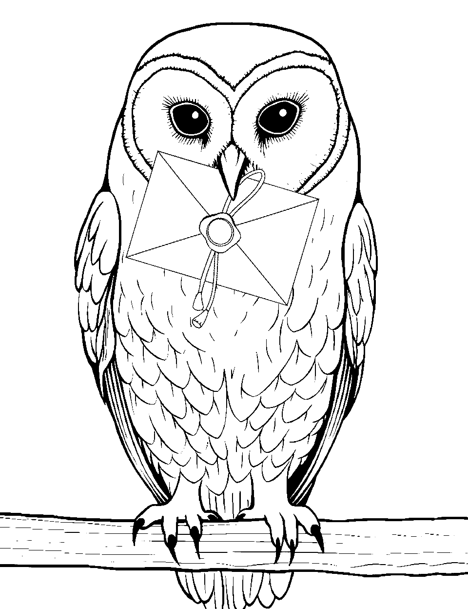 Owl Inspired by Harry Potter Coloring Page - An owl resembling the one from the Harry Potter series, with a letter in its beak.