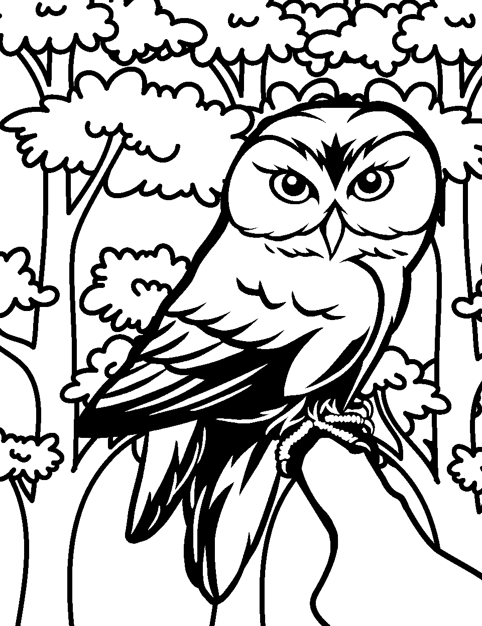 Barred Owl in a Forest Coloring Page - A barred owl sitting in a forest with trees in the background.
