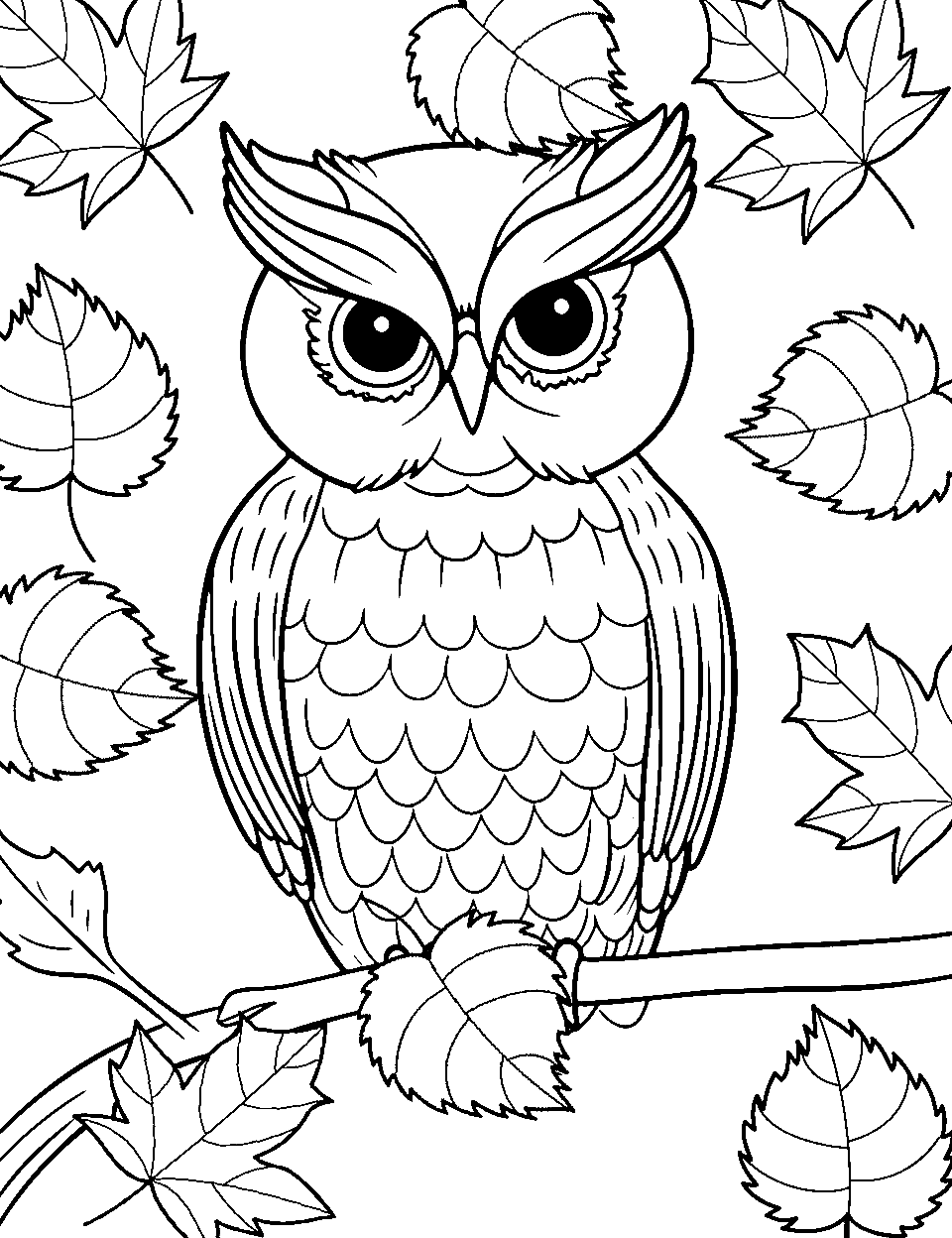 Owl in Fall Leaves Coloring Page - An owl surrounded by colorful autumn leaves.