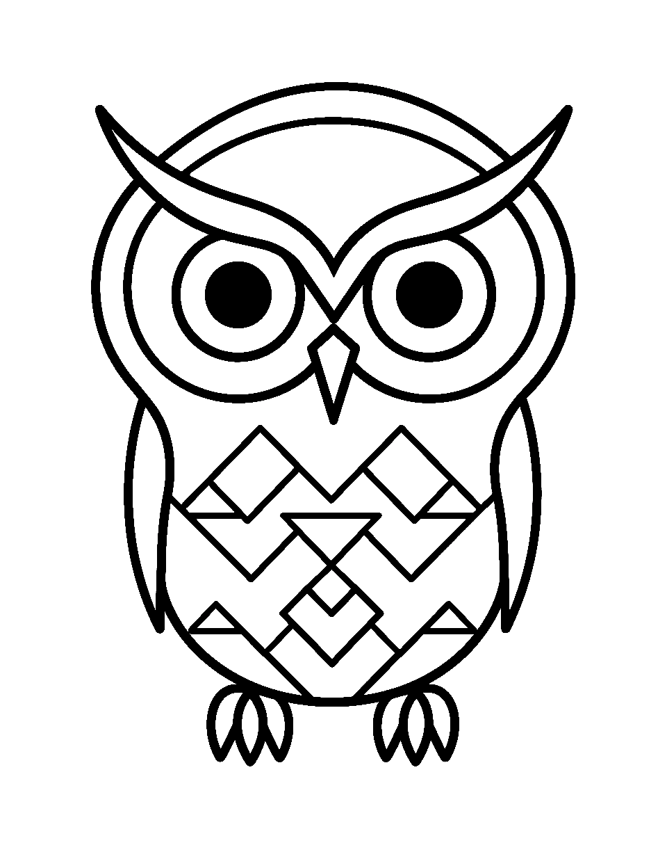 Preschool Owl with Shapes Coloring Page - An owl composed of basic shapes like circles and triangles.