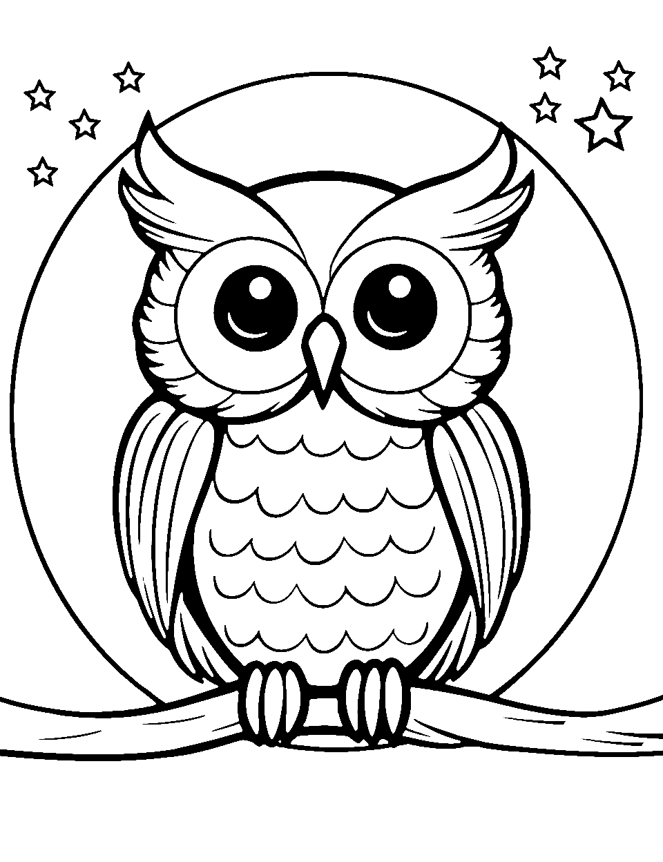 Owl under the Stars Coloring Page - An owl under a starry night sky.
