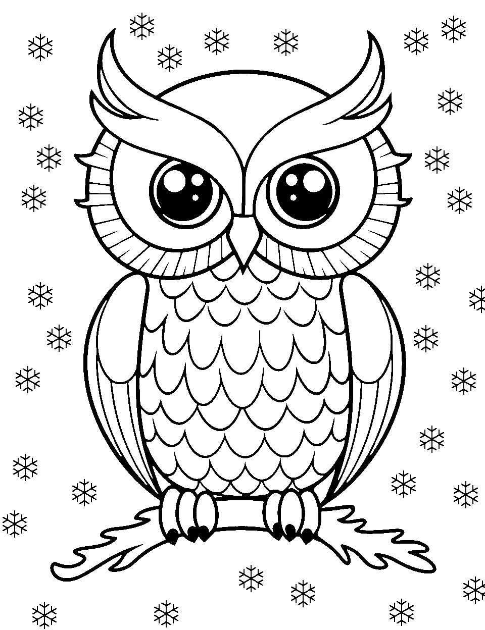 Winter Owl with Snowflakes Coloring Page - An owl surrounded by falling snowflakes.