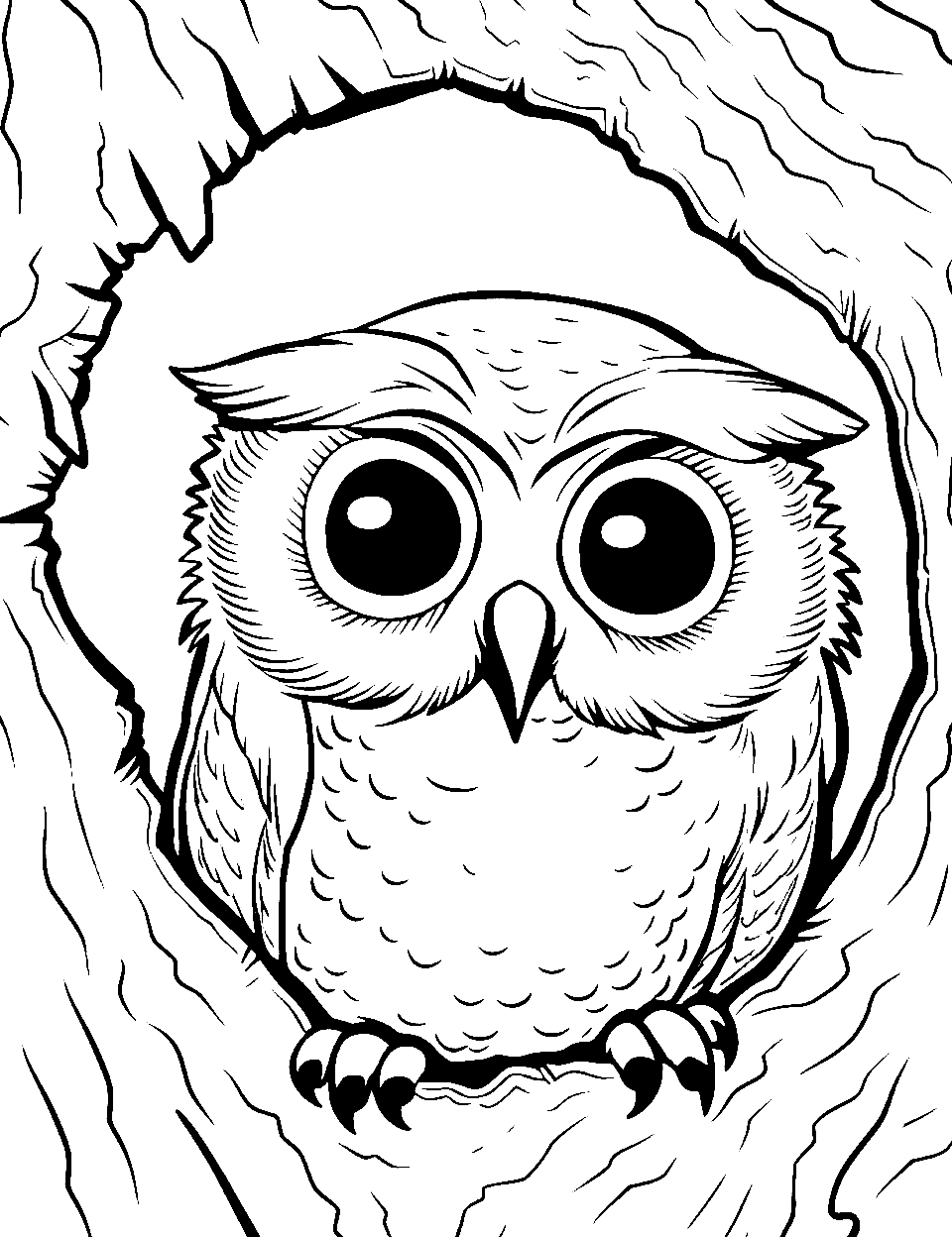 Owl in a Tree Hole Coloring Page - An owl peeking out from a hole in a tree.