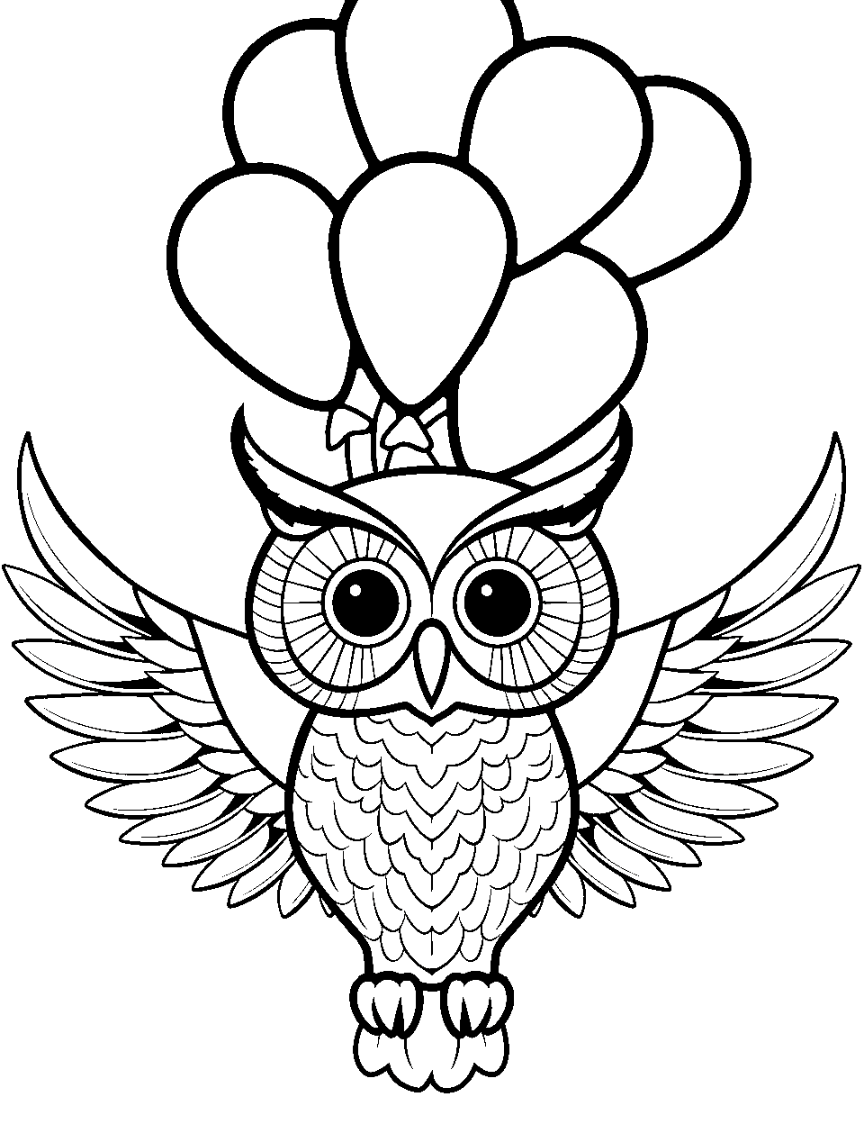 Playful Owl with Balloons Coloring Page - An owl flying with colorful balloons tied to it.