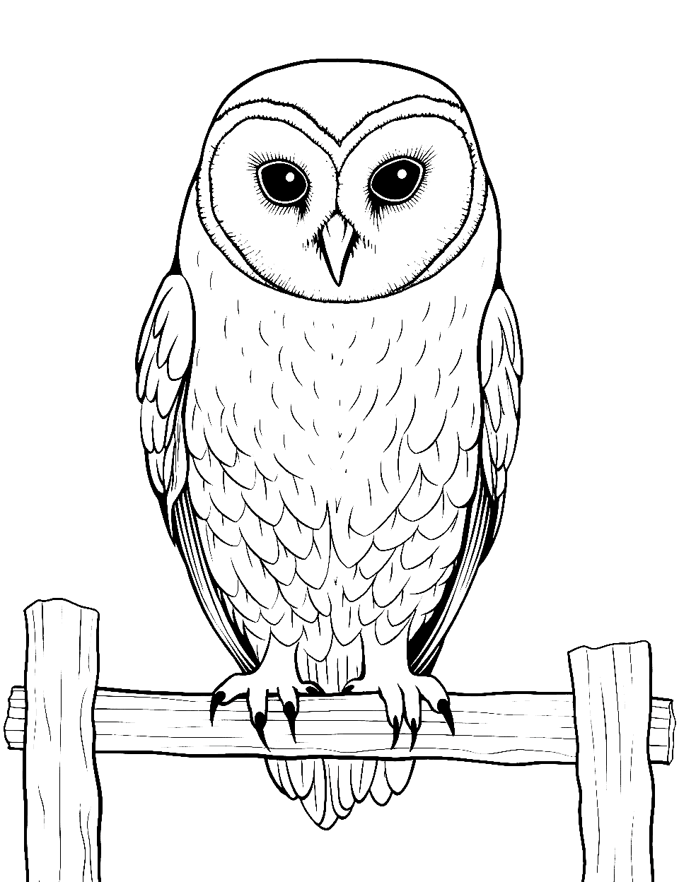 Realistic Barn Owl Coloring Page - A detailed barn owl perched on a fence post with intricate feather patterns.