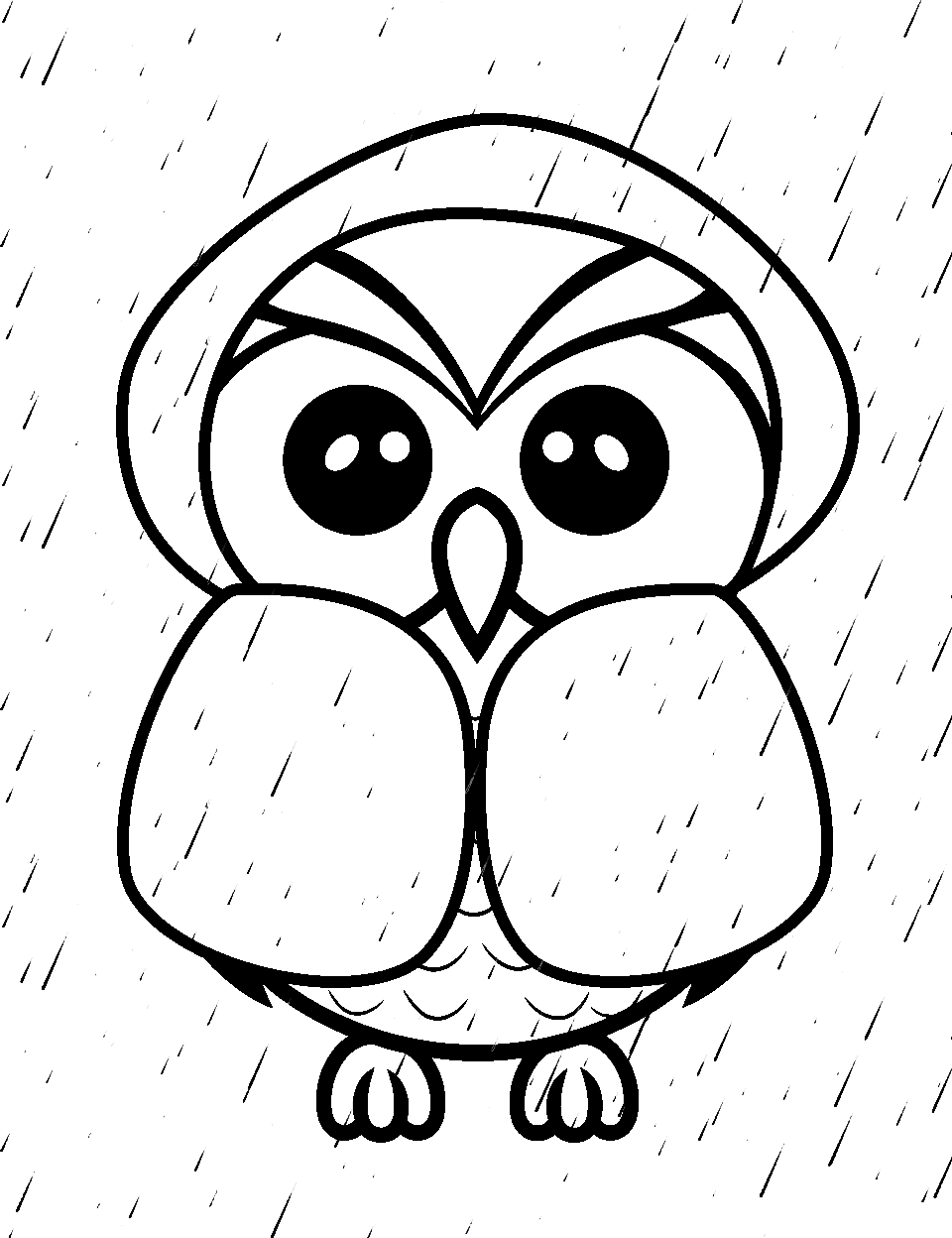 Owl in a Raincoat Coloring Page - A cheerful owl wearing a raincoat during a rainstorm.