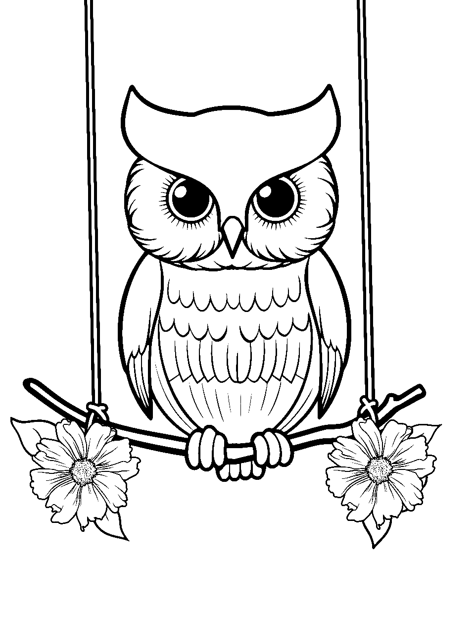 Owl on a Swing Coloring Page - A joyful owl swinging from a tree branch.