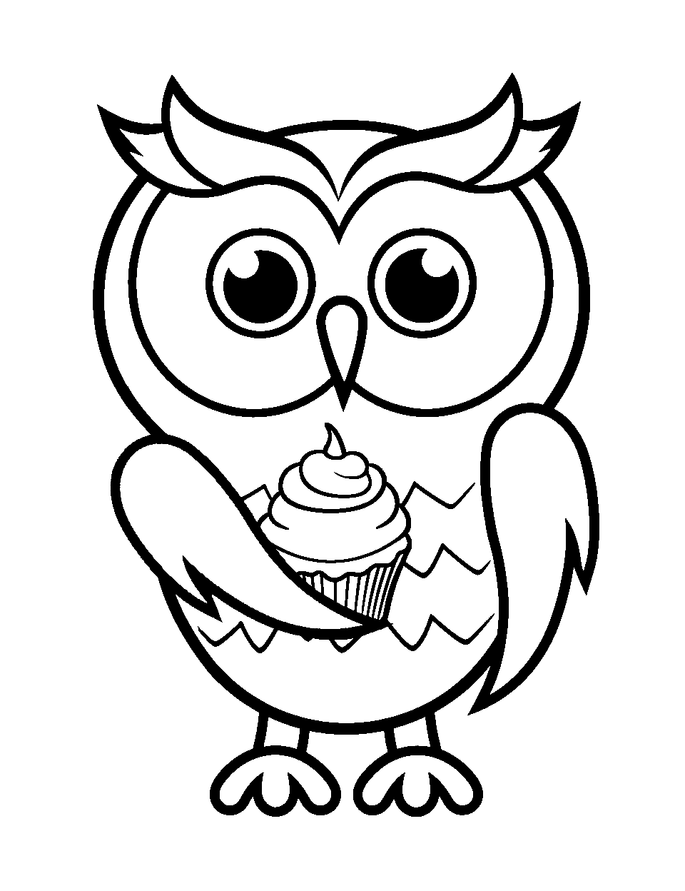 Owl with a Cupcake Coloring Page - A cute owl holding a delicious cupcake.