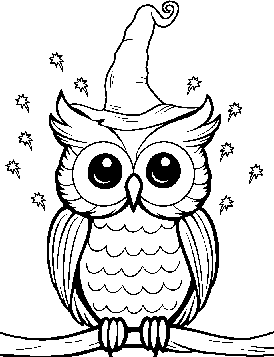 Wizard Owl Coloring Page - An owl wearing a wizard hat looking magical.