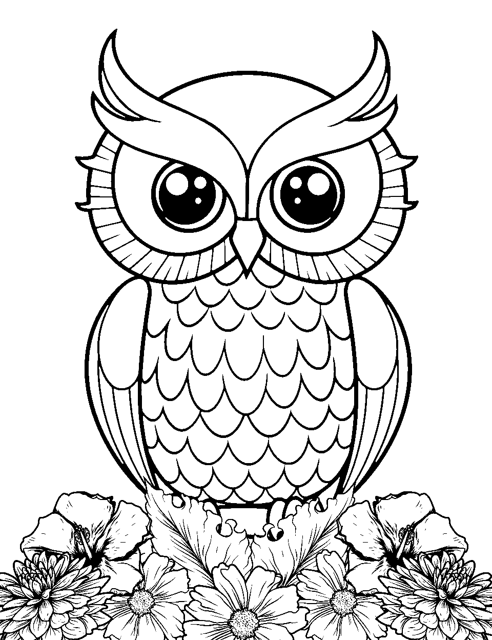 Garden Owl Coloring Page - An owl surrounded by a variety of flowers.