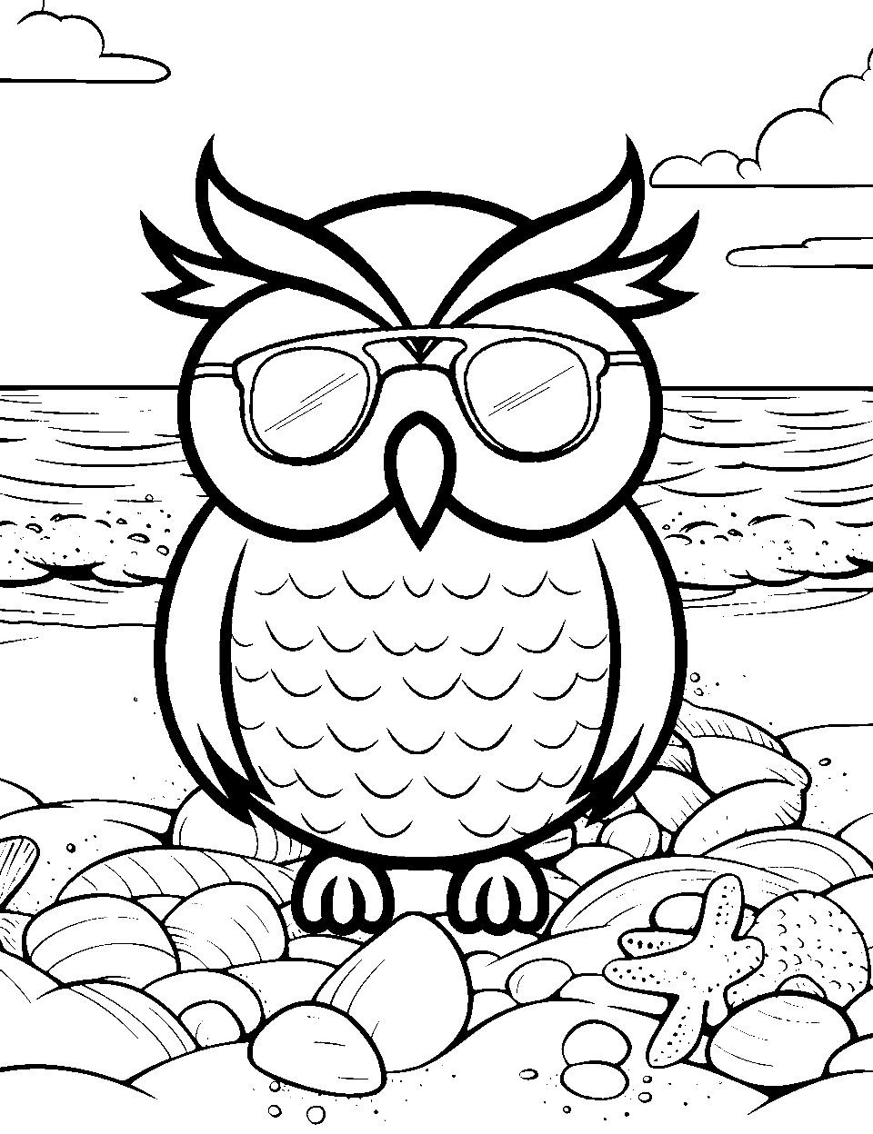 Beach Owl Coloring Page - A cool owl wearing glasses, relaxing on a beach.