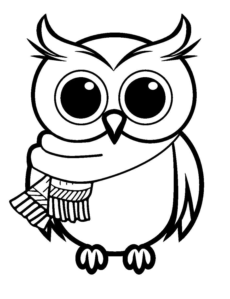 Winter Owl Coloring Page - An owl bundled up in a cozy scarf for winter.