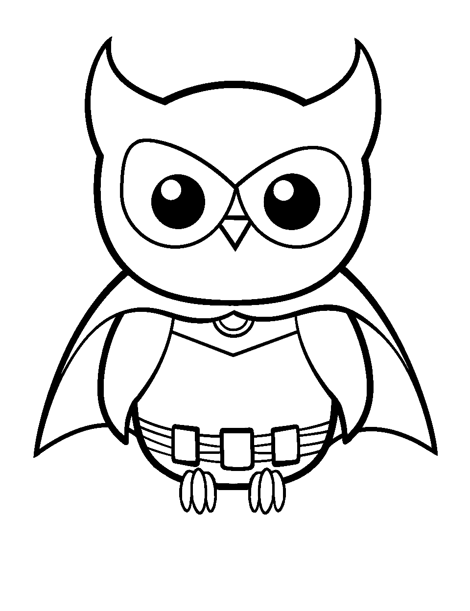 Superhero Owl Coloring Page - An owl dressed in a superhero costume with a cape.
