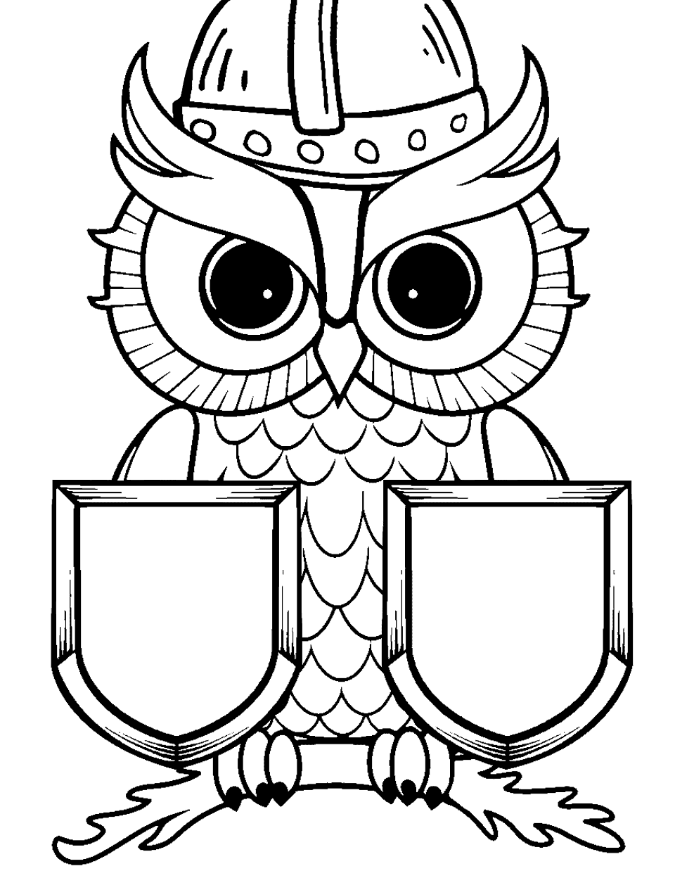 Owl as a Knight Coloring Page - An owl dressed as a knight, holding two shields.