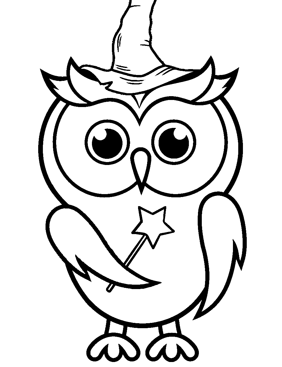 Owl with a Magic Wand Coloring Page - A mystical owl holding a magic wand.