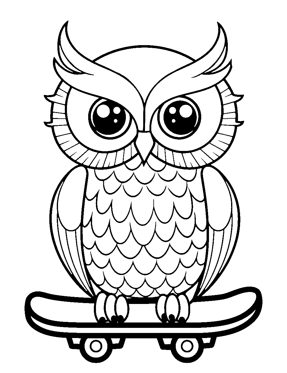 Skater Owl Coloring Page - A sporty owl riding a skateboard.