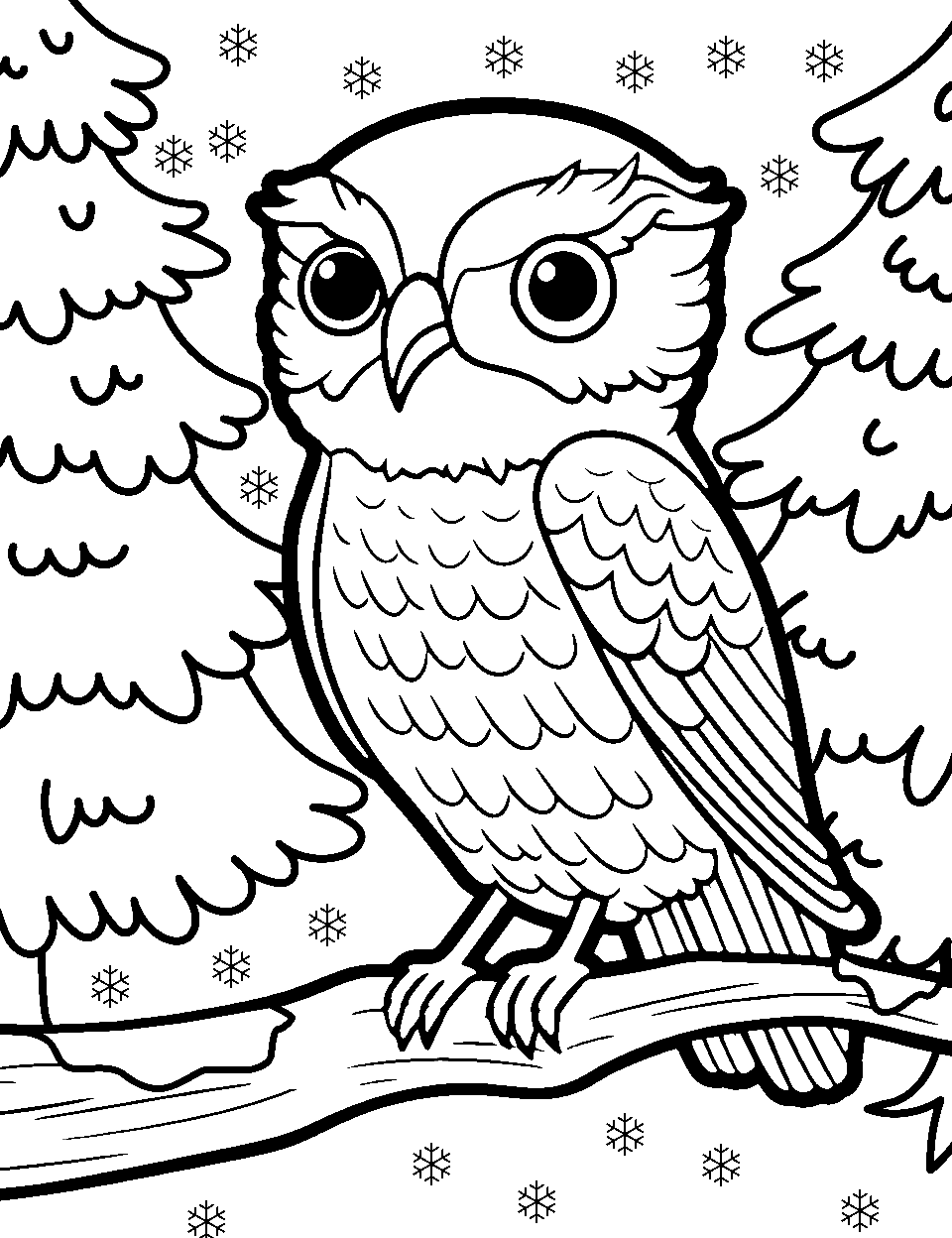 Snowy Owl in Winter Coloring Page - A majestic snowy owl with a snowy landscape in the background.