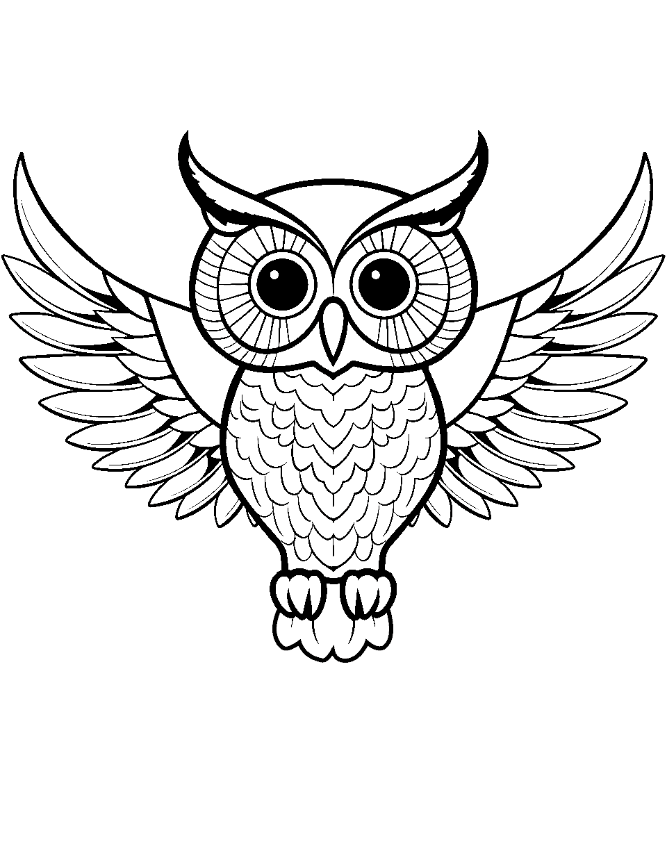 Owl Flying  Coloring Page - An owl with outstretched wings flying.