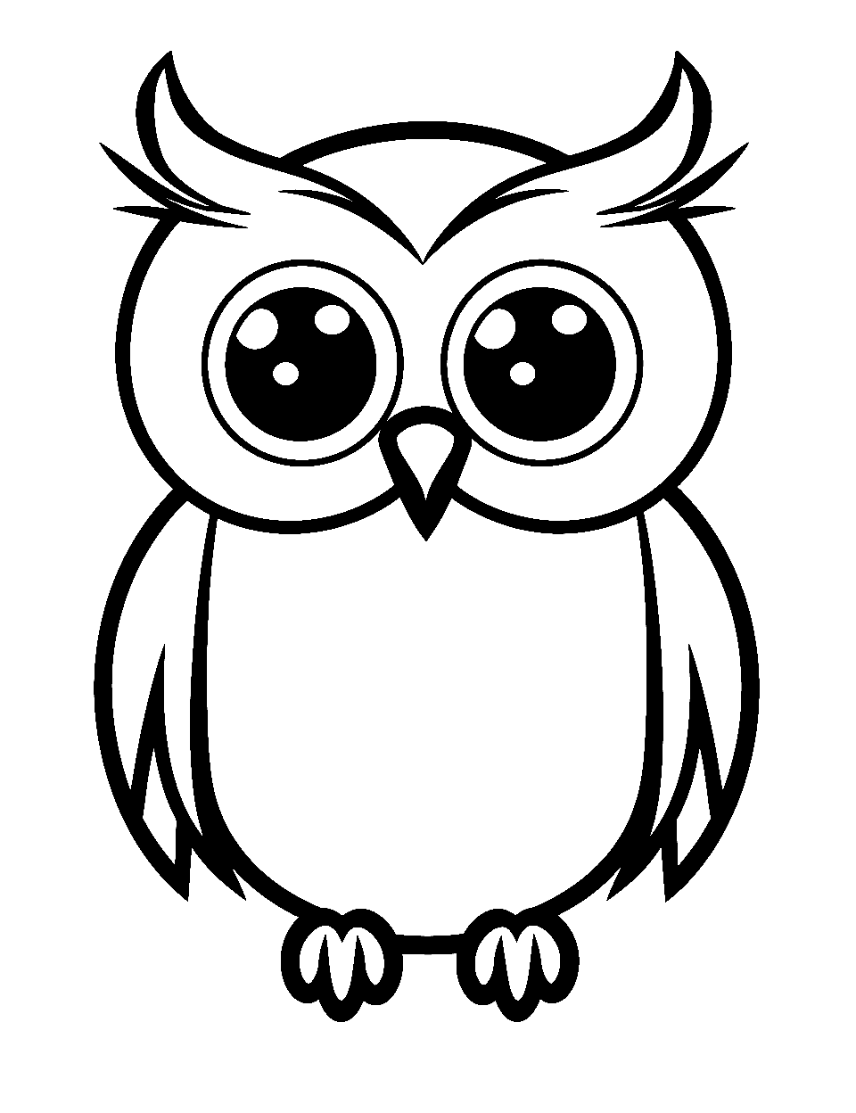 Kawaii Owl with Big Eyes Coloring Page - A super cute, cartoon-style owl with oversized eyes and a cheerful expression.