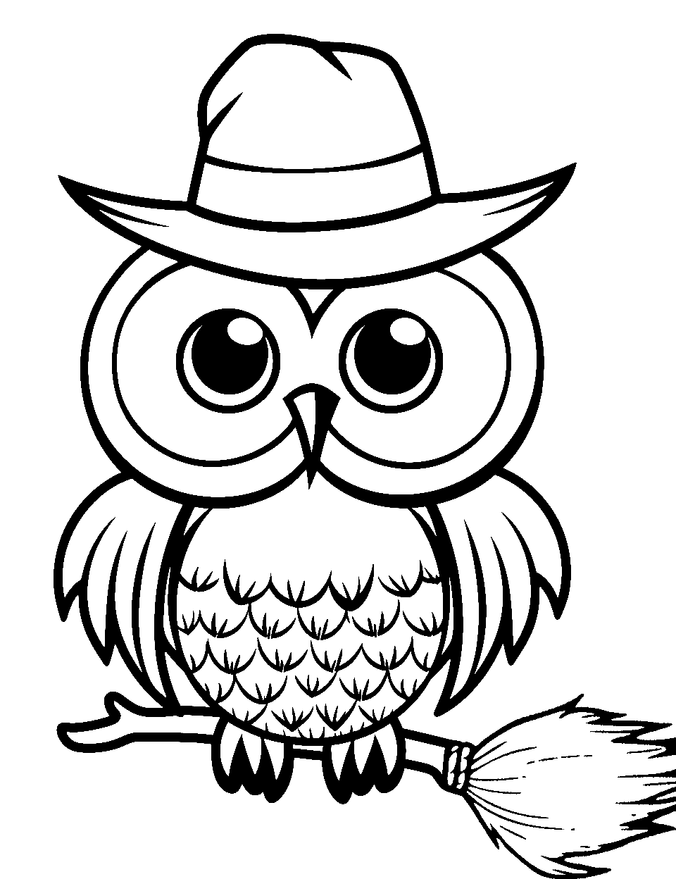 Witch Owl on a Broomstick Coloring Page - An owl wearing a witch hat for Halloween.