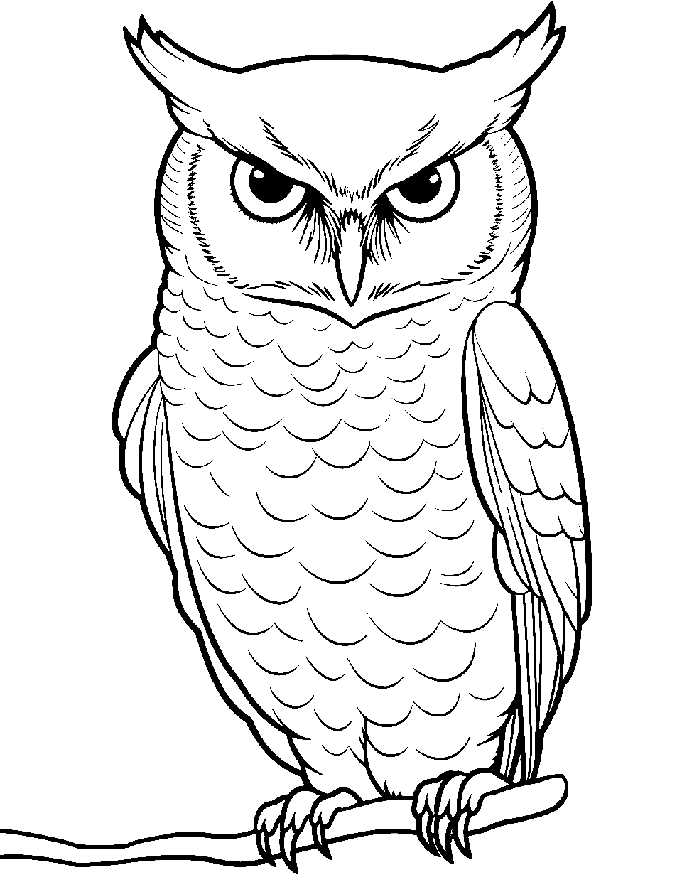 Great Horned Owl Staring Coloring Page - A great horned owl with piercing eyes, looking directly at the viewer.