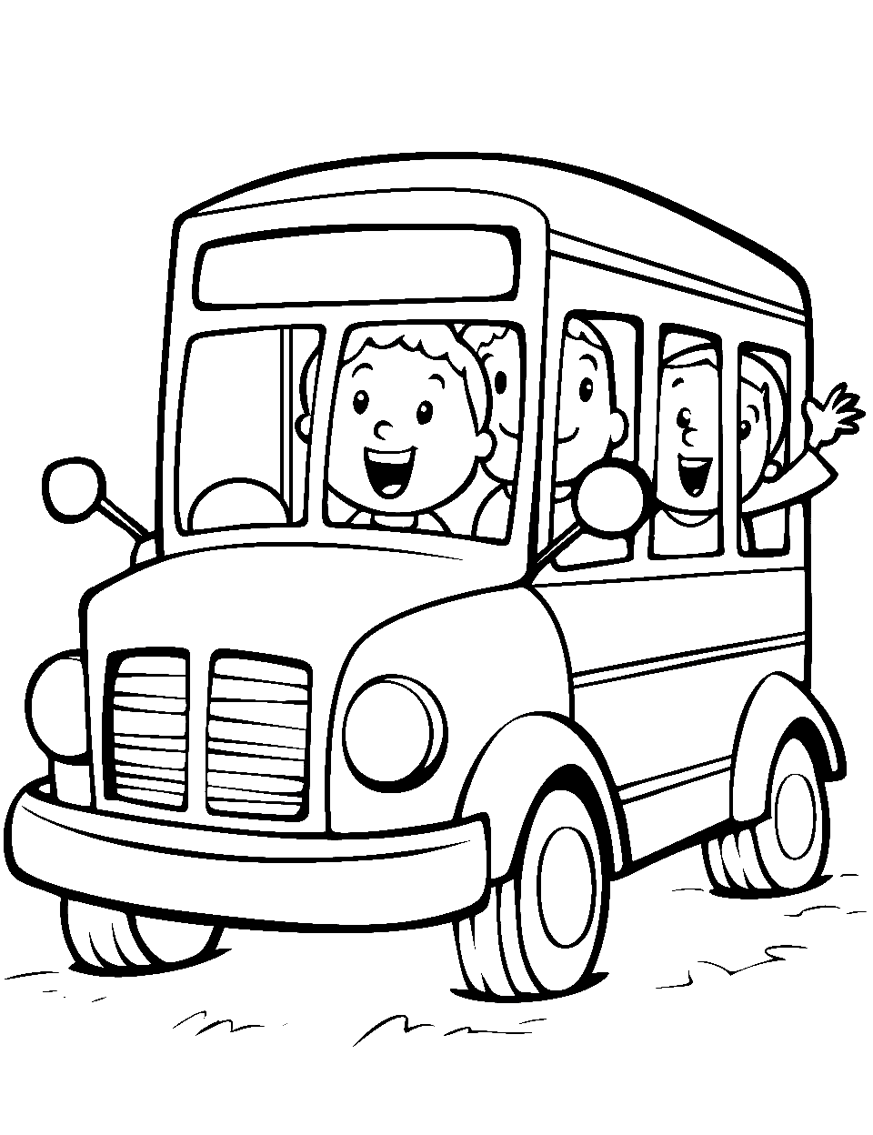 Back to School Bliss Preschool Coloring Page - A school bus with happy children waving from the windows.