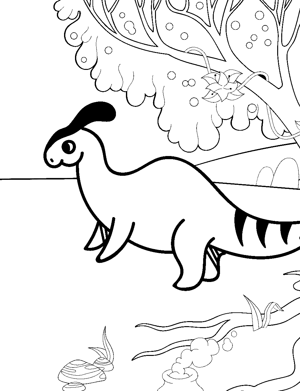 Dinosaur Discovery Preschool Coloring Page - A big dinosaur roaming in a prehistoric setting.