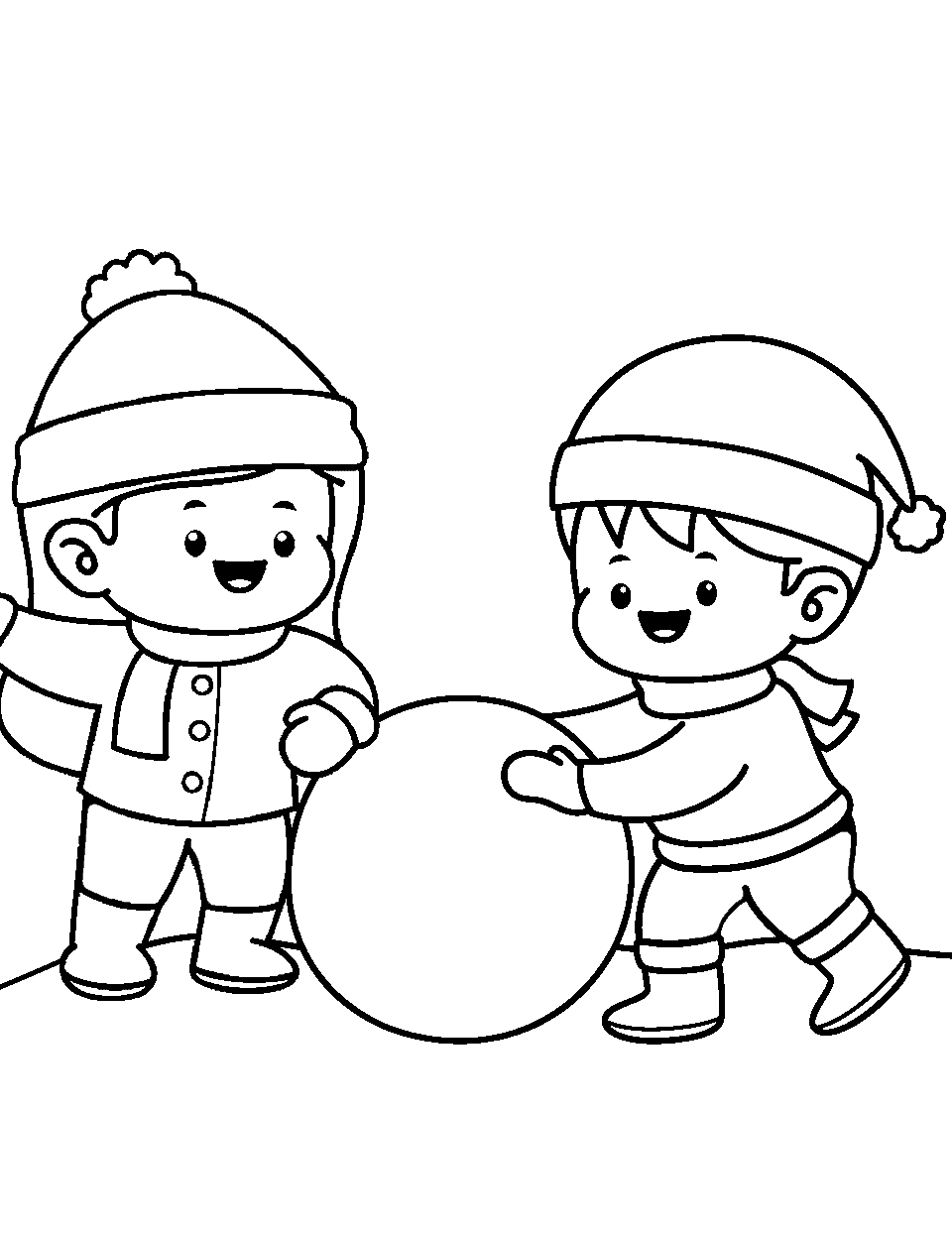 Snowball Shenanigans Preschool Coloring Page - Kids making a giant snowball.