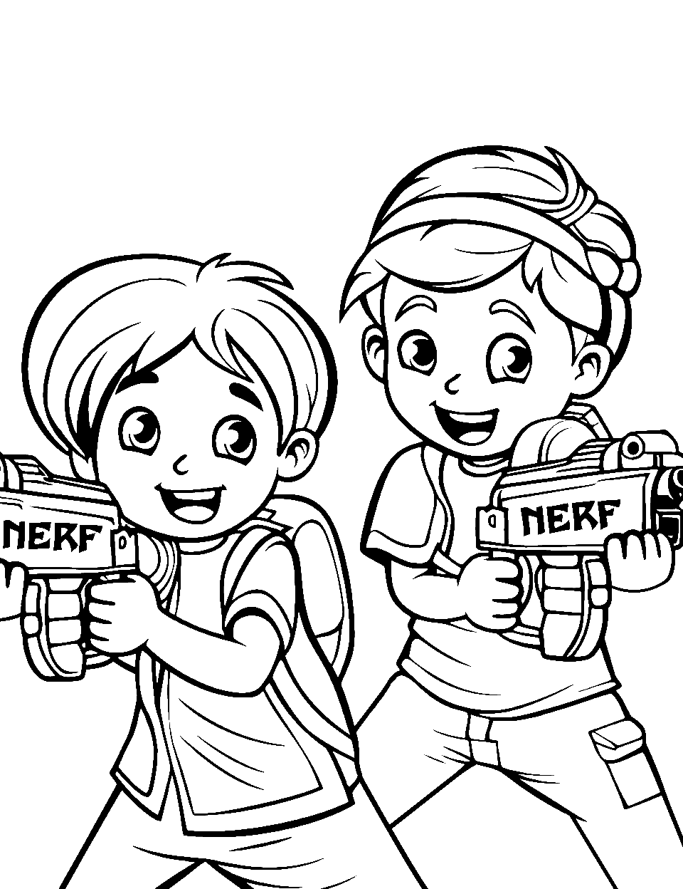 Nerf Battle Preschool Coloring Page - Kids having fun playing with Nerf guns.