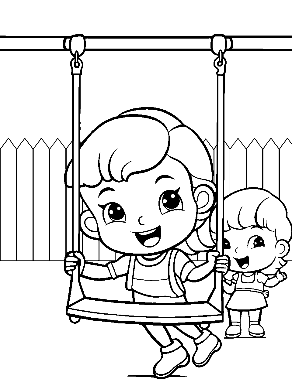 Playful Playground Preschool Coloring Page - Children playing on swings during recess.