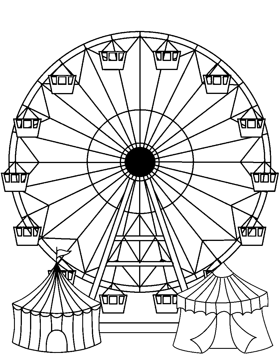 Fun at the Fair Coloring Page - A detailed Ferris wheel in a fair.