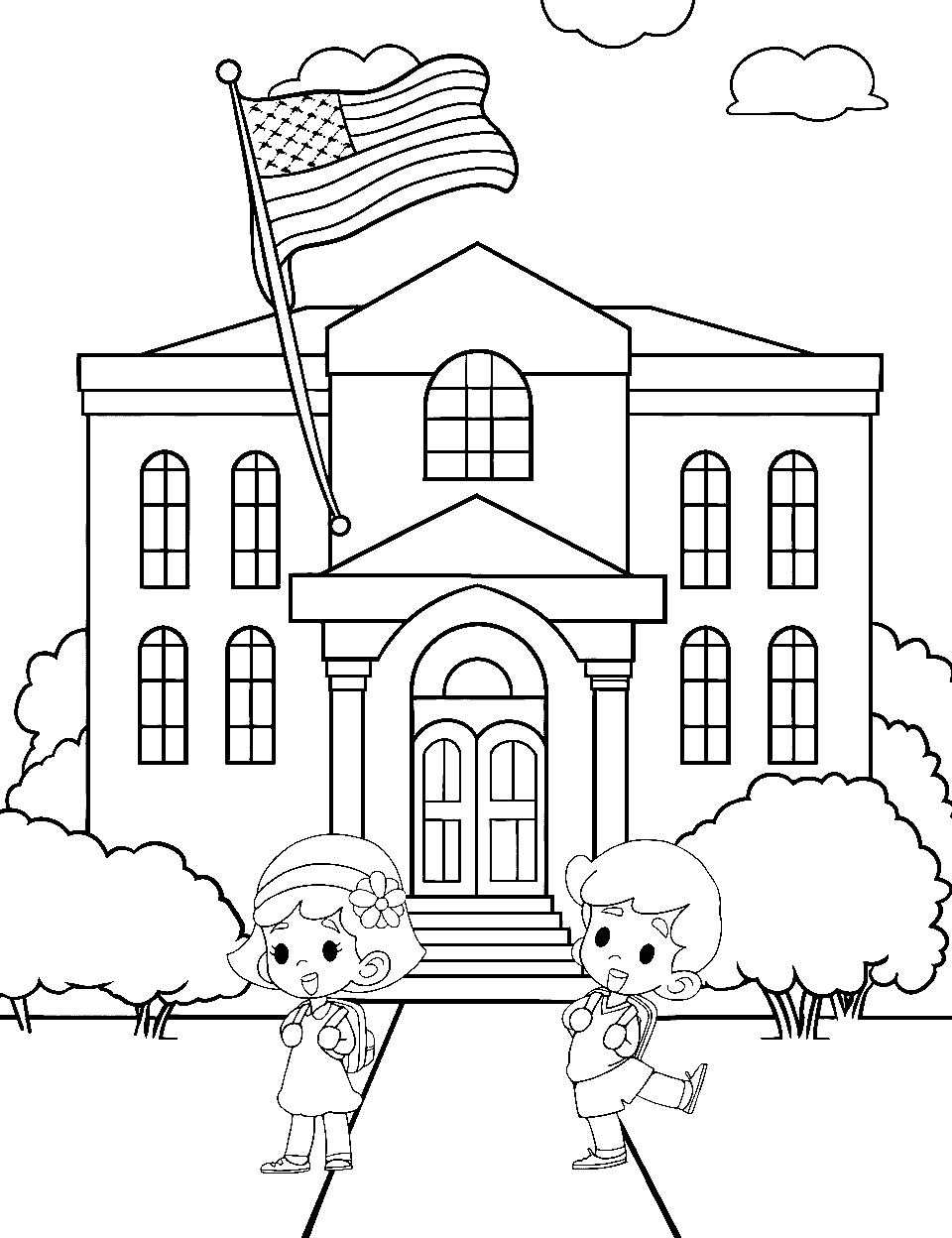 School Spirit Coloring Page - A school building with a flag and children walking around.