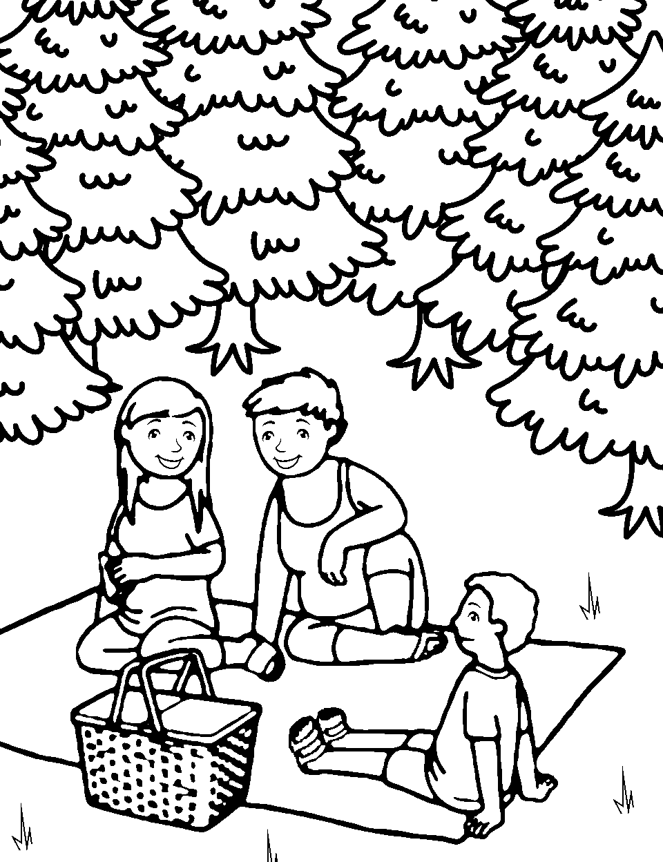 Family Picnic Fun Preschool Coloring Page - A family sitting on a blanket with a picnic basket and blanket.