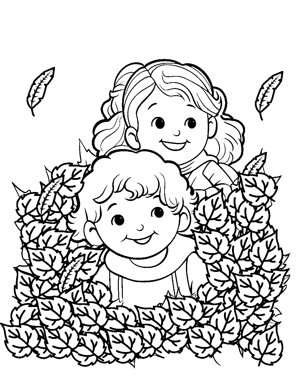 Autumn Antics Preschool Coloring Page - Kids playing in a pile of leaves during fall.