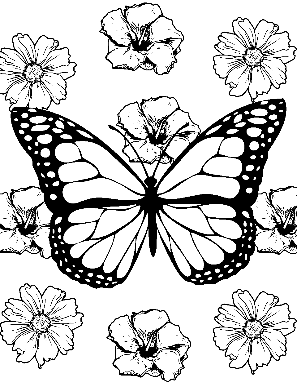 Butterfly Bliss Coloring Page - A single butterfly flying over flowers.