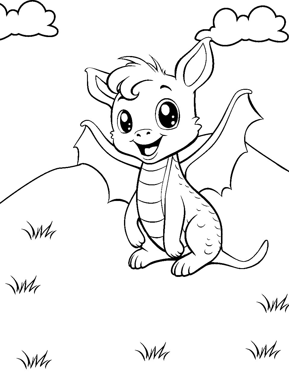 Dragon Delight Coloring Page - A baby dragon sitting in a meadow.